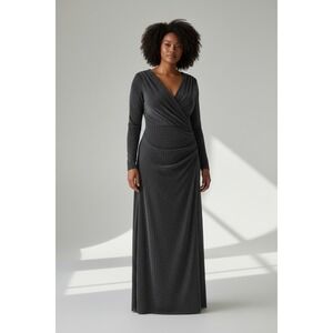 Vince Camuto Metallic Ruched Wrap Maxi Dress Size 20W Black Long Sleeve Evening